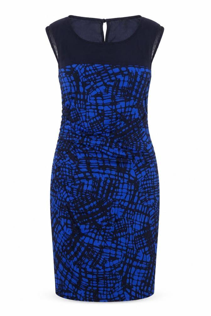 Front view of Next women’s blue polyester pencil dress, size UK 10, round neck button