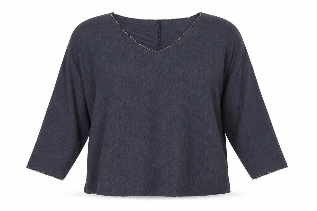 Front view of Preworn women’s blue v-neck viscose jumper, size UK 6