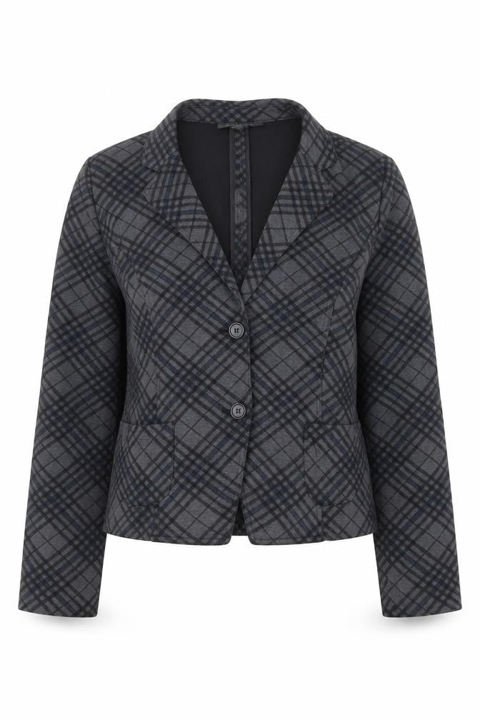 Front view of Suzy Shier women’s grey plaid polyester jacket suit jacket, size L