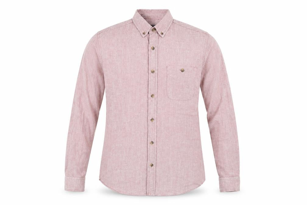 Front view of Topman men’s red cotton button-up, size S, collared button