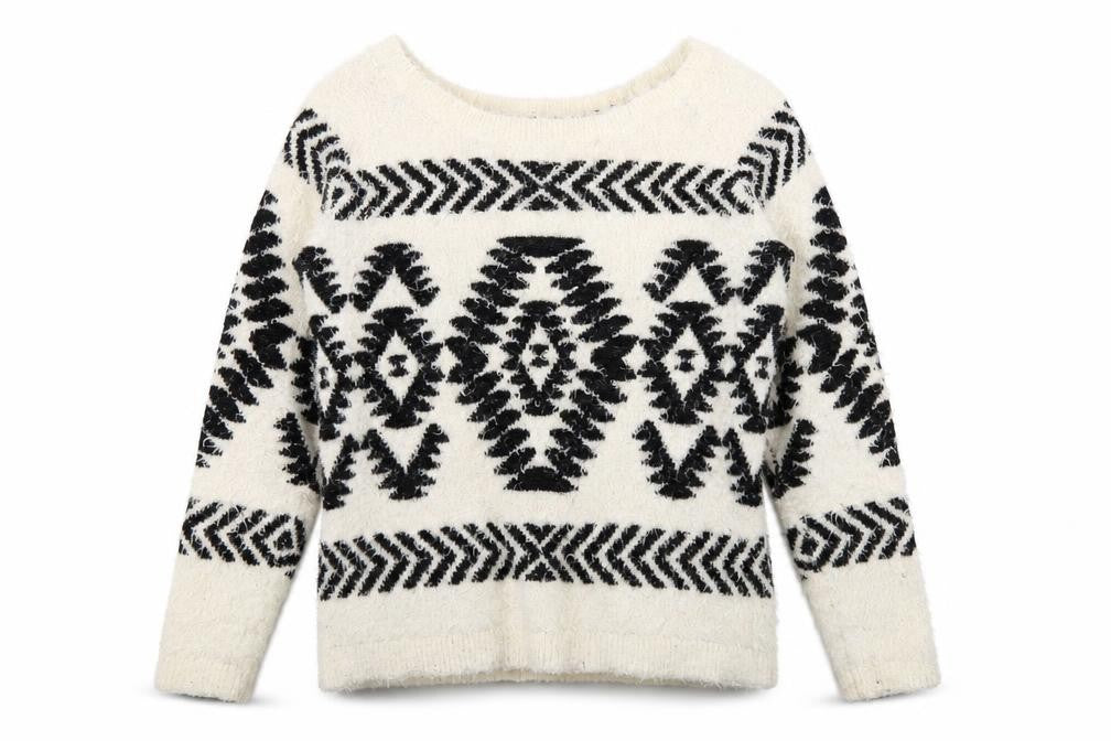 Front view of Tu women’s white scoop neck geometric polyester jumper, size UK 10