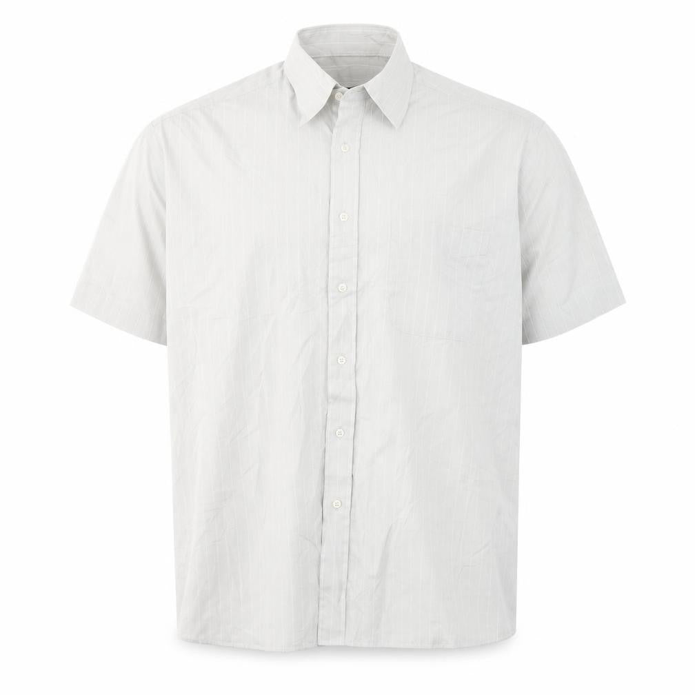 Front view of BHS men’s grey striped polyester button-up, size 16, collared button