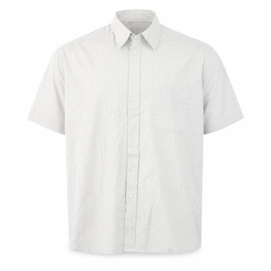 Front view of BHS men’s grey striped polyester button-up, size 16, collared button
