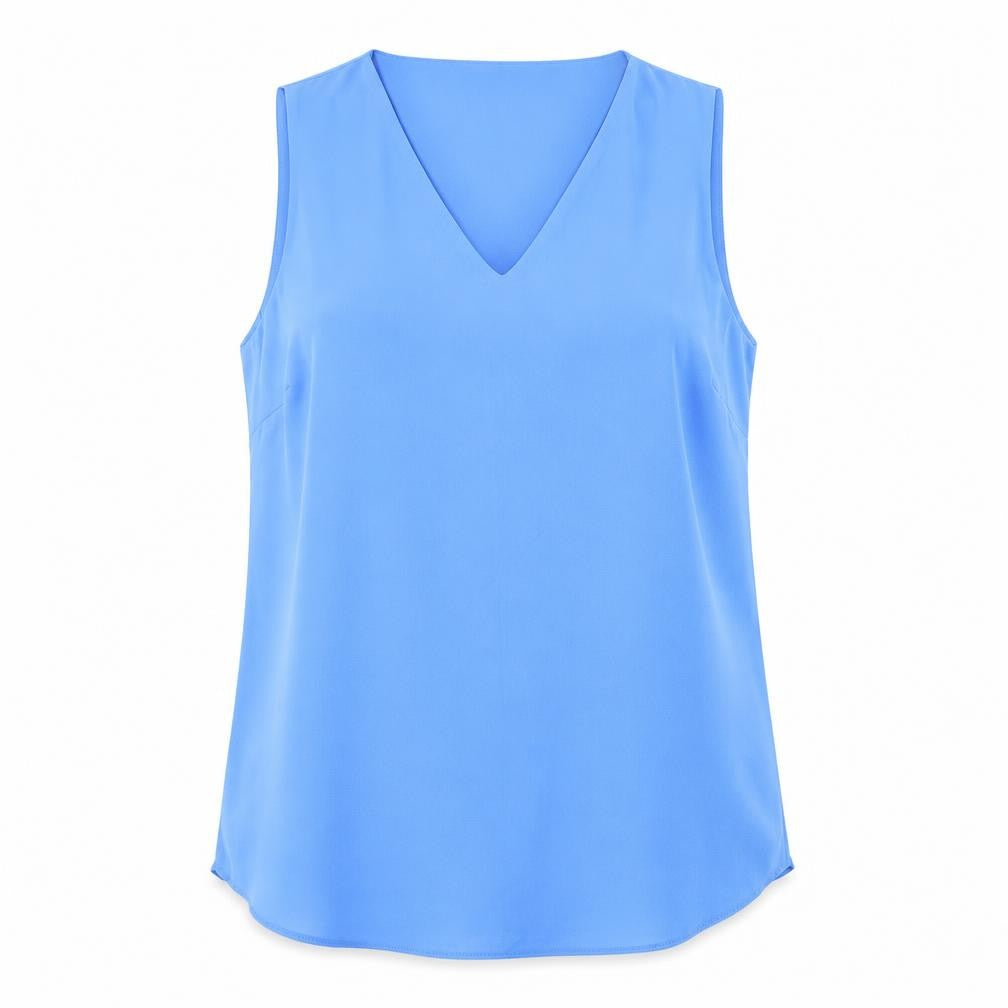Front view of Dunnes women’s blue polyester basic blouse, size UK 14, v-neck