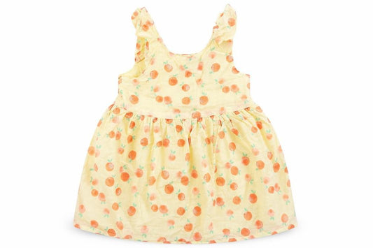 Front view of Primark Baby Yellow Geometric Cotton Tank Dress, size 9-12, Months Scoop Neck Button - Peach Print
