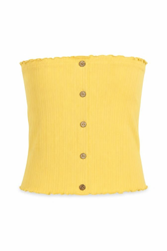 Front view of New Look women’s yellow polyester basic t-shirt, size UK 12, off the shoulder