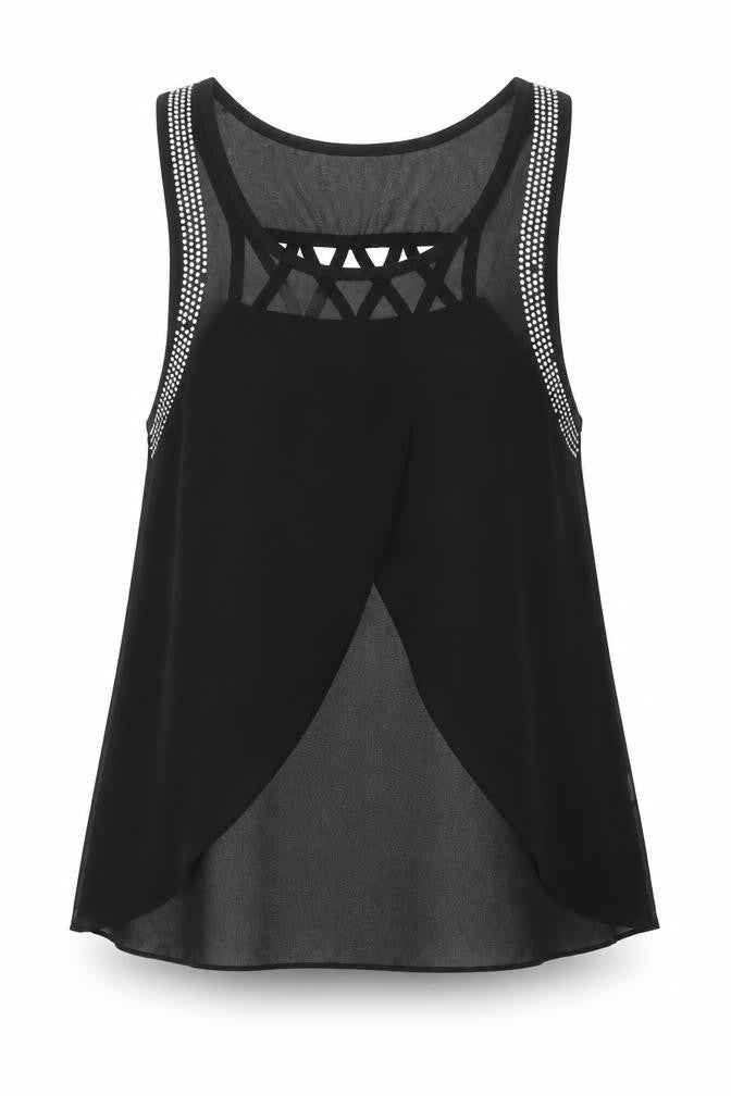 Front view of Maison Chic women’s black polyester basic tank, size S, scoop neck