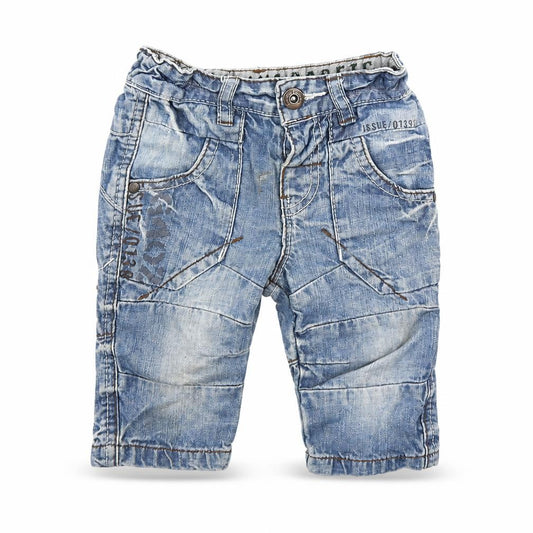 Front view of Next boys’ blue cotton cargo trousers, size 3-6, months button
