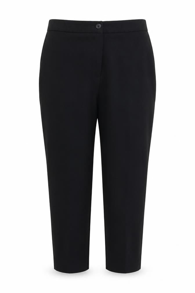 Front view of EWM women’s blue polyester trousers, size UK 22, 24-inch leg regular zip