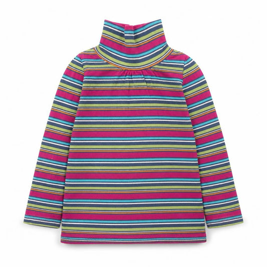 Front view of Indigo girls’ multicoloured striped cotton pullover t-shirt, size 2-3, years roll neck