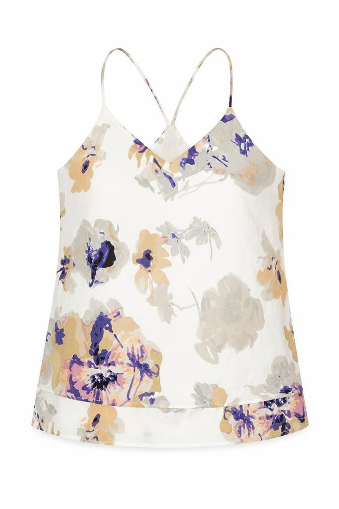 Front view of Exhibit women’s white floral polyester basic tank, size UK 10, v-neck
