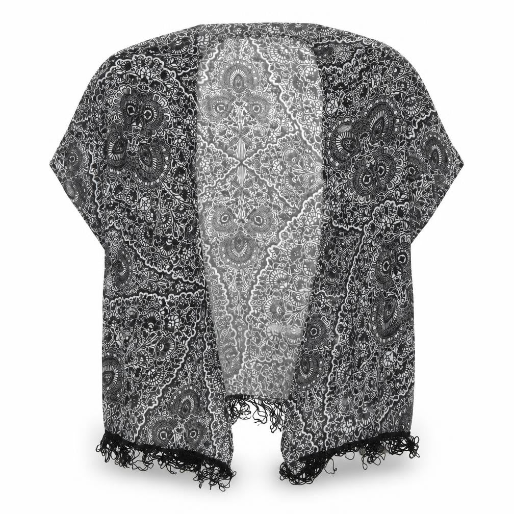 Front view of Atmosphere women’s black paisley kimono jacket, size S