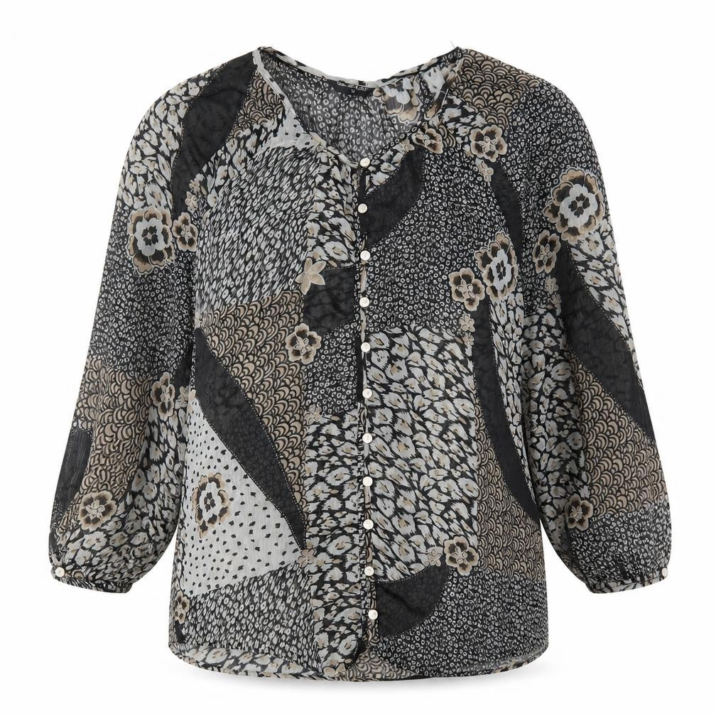 Front view of Miss Selfridge women’s grey animal print polyester basic button-up, size UK 14, round neck