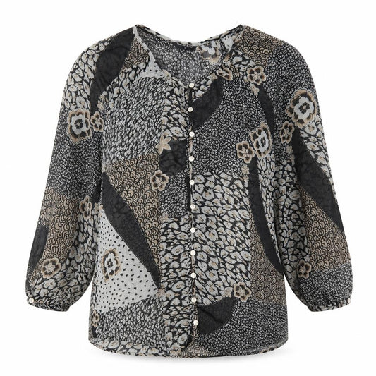 Front view of Miss Selfridge women’s grey animal print polyester basic button-up, size UK 14, round neck