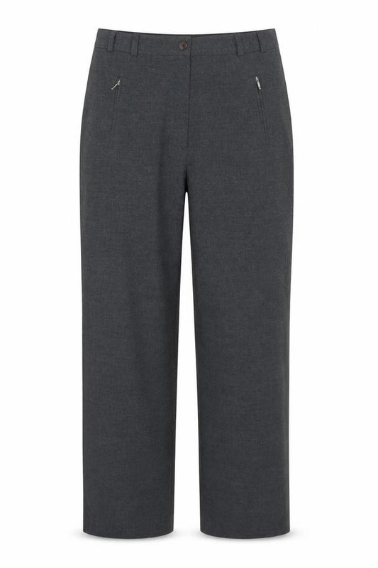 Front view of Bonmarché women’s grey polyester trousers, size UK 14, 27-inch leg regular button