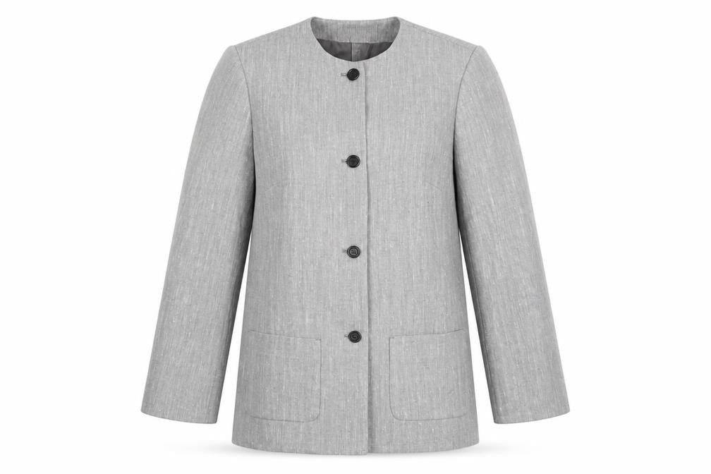Front view of Liz Calborne women’s grey jacket, size UK 6, button