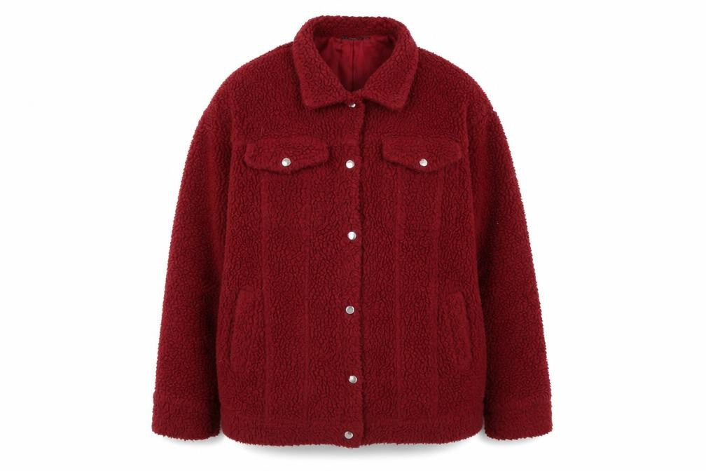 Front view of PRETTYLITTLETHING women’s red jacket, size UK 14, button