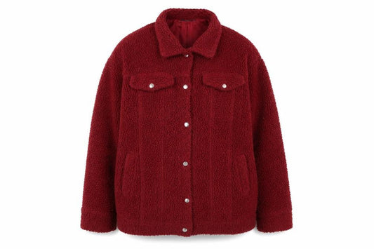 Front view of PRETTYLITTLETHING women’s red jacket, size UK 14, button