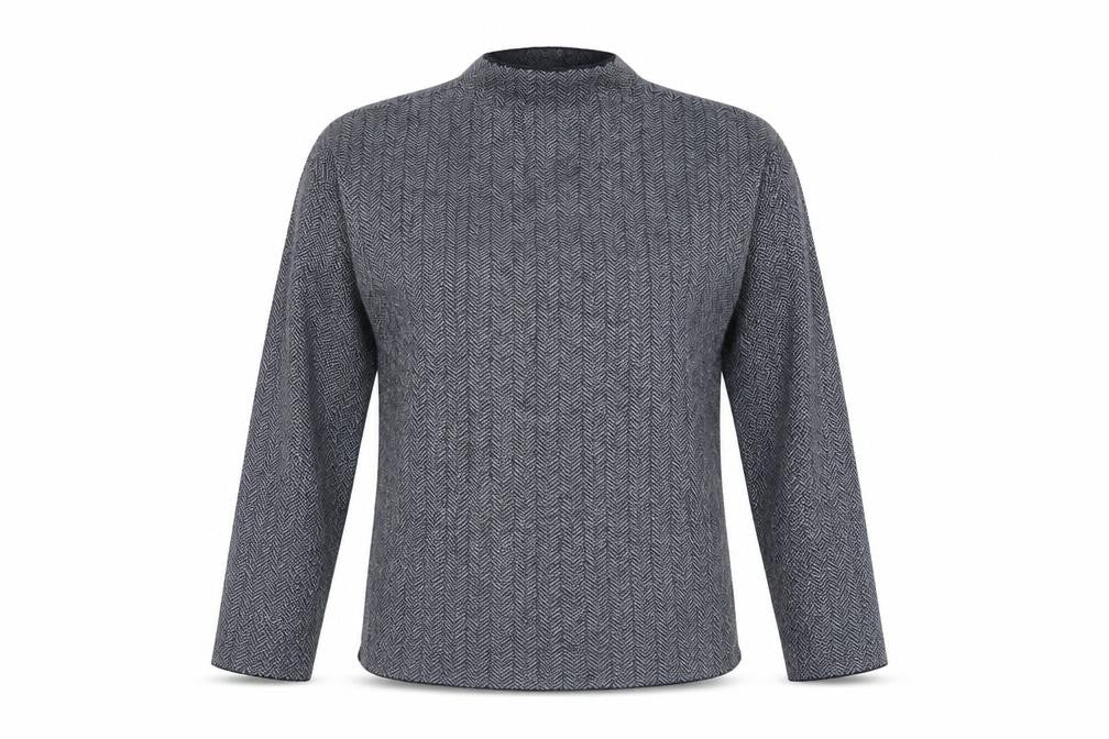 Front view of Max Studio women’s blue high neck geometric viscose jumper, size M