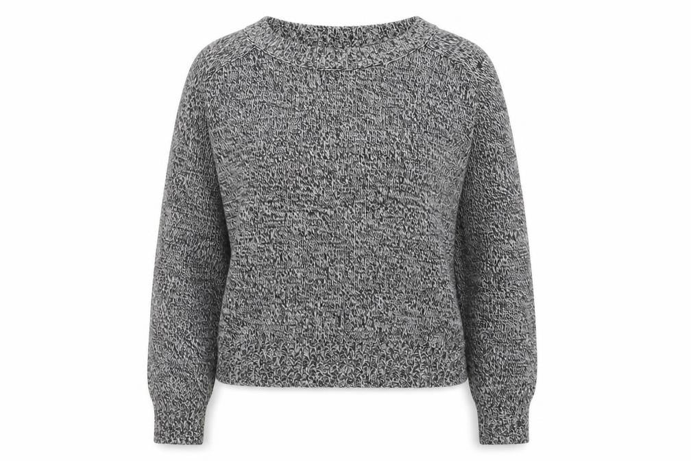 Front view of H&M women’s grey crew neck acrylic jumper, size M