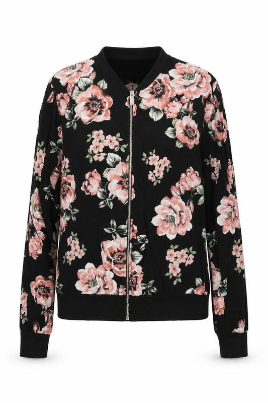 Front view of F&F women’s black floral jacket, size UK 8, zip