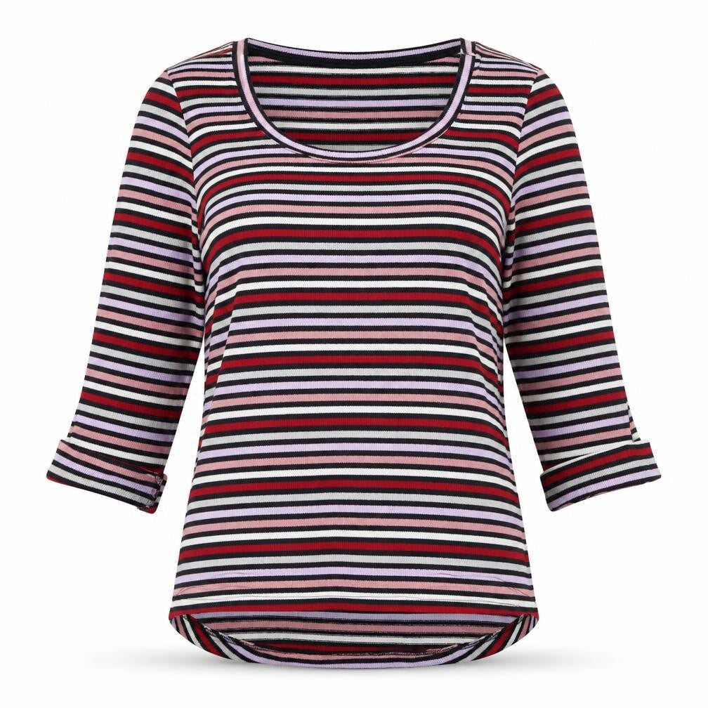 Front view of New Look women’s multicoloured round neck striped polyester jumper, size UK 10