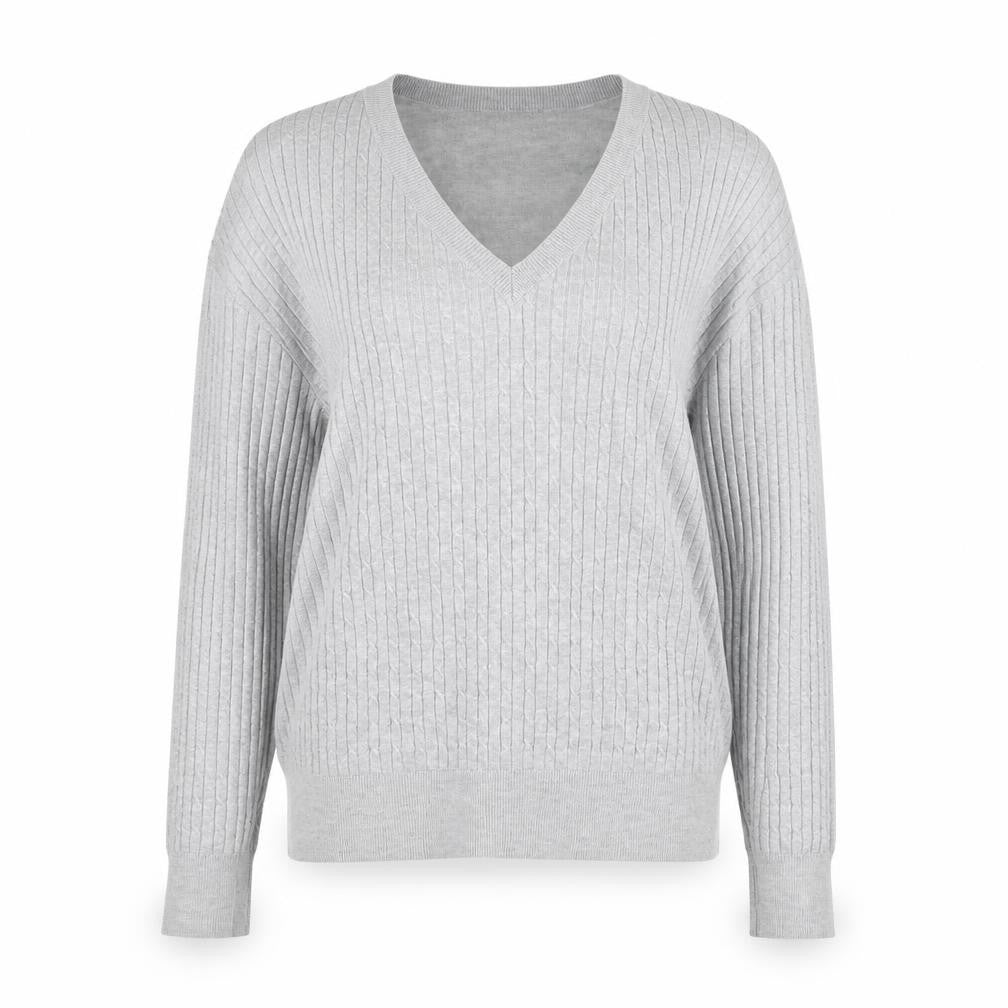 Front view of H&M women’s grey v-neck viscose jumper, size L
