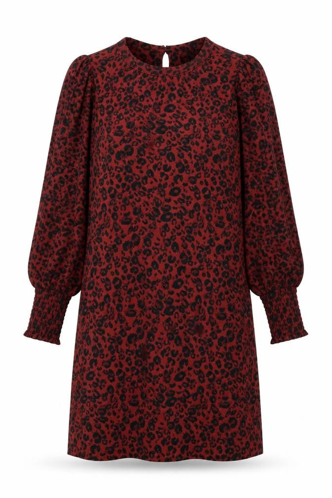 Front view of Next women’s red animal print viscose sheath, size UK 14, crew neck button