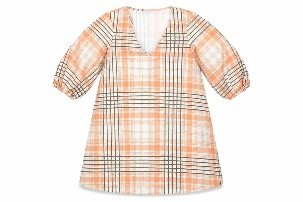 Front view of ASOS women’s orange plaid polyester shift, size UK 2, v-neck