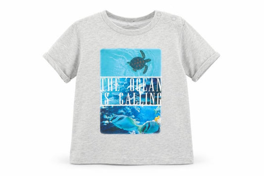 Front view of F&F Baby Grey Cotton Pullover T-Shirt, size 12-18, Months Crew Neck Snap