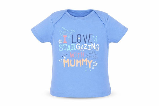 Front view of F&F Baby Blue Cotton Pullover T-Shirt, size 9-12, Months Boat Neck Snap