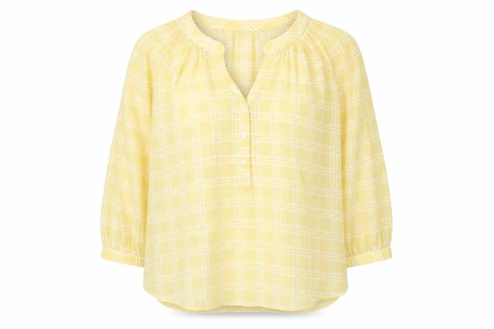 Front view of Primark women’s white plaid polyester basic blouse, size UK 8, round neck