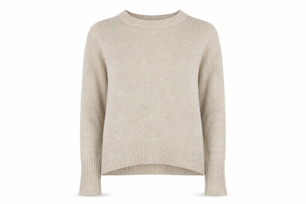 Front view of H&M women’s beige round neck acrylic jumper, size L