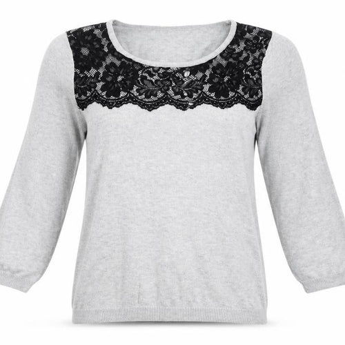 BHS Womens Grey Scoop Neck  Cotton Pullover Jumper Size 14   - Lace Detail