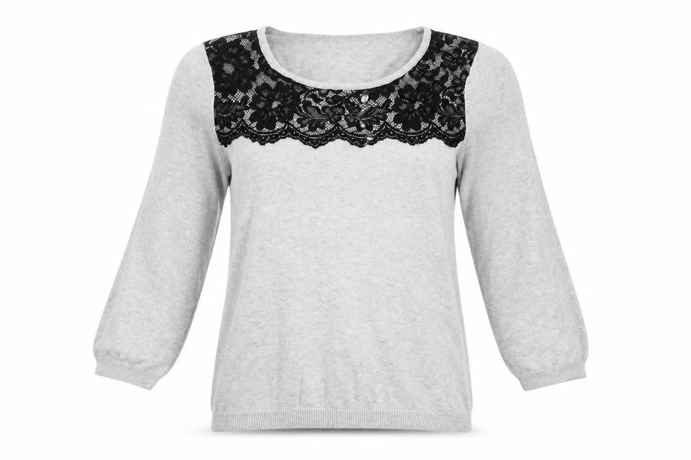 BHS Womens Grey Scoop Neck  Cotton Pullover Jumper Size 14   - Lace Detail