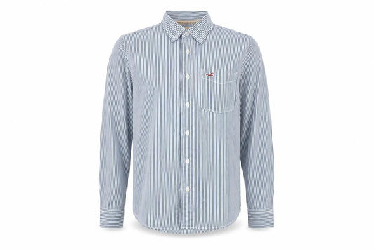 Front view of Hollister men’s blue striped cotton button-up, size S, collared button