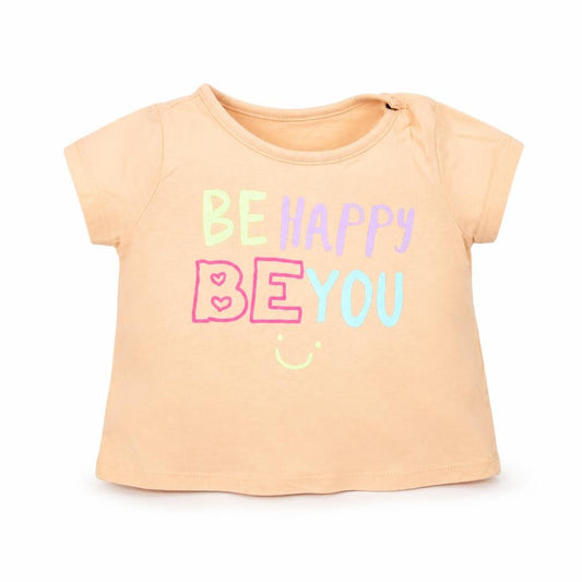 Front view of Dunnes Baby Pink Cotton Basic T-Shirt, size 9-12, Months Crew Neck Pullover - Be Happy