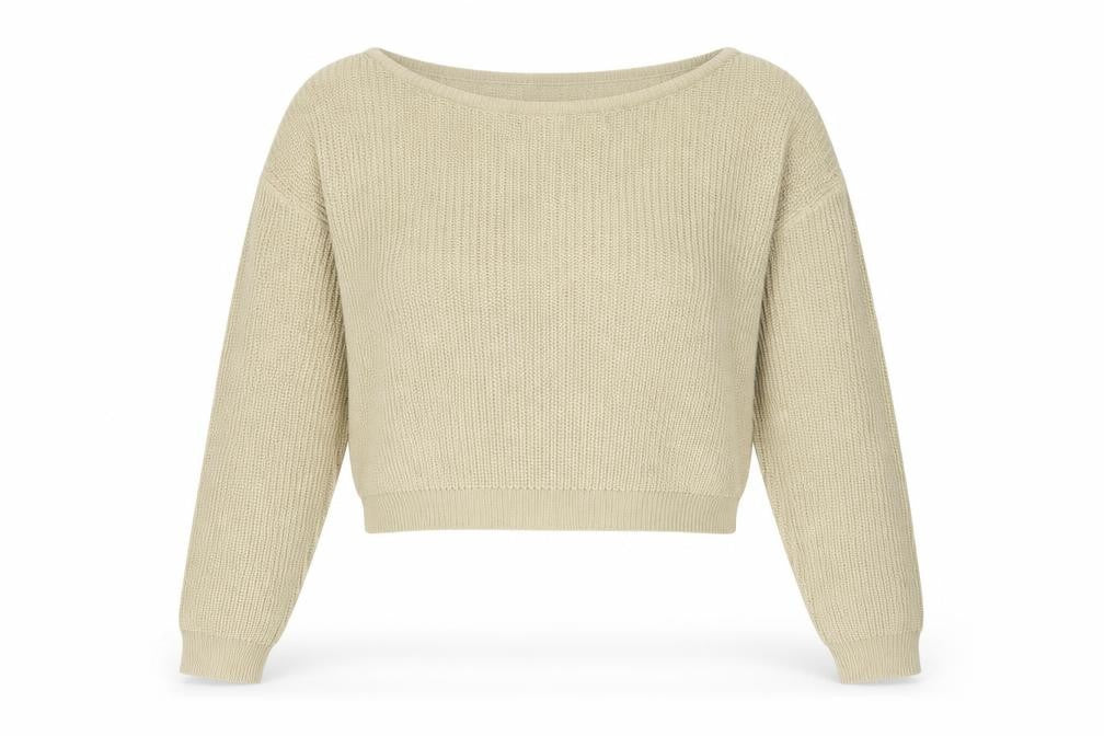 Front view of PRETTYLITTLETHING women’s beige boat neck acrylic jumper, size S, - cropped