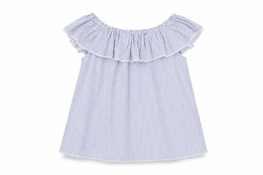 Front view of Dunnes girls’ blue striped polyester basic casual, size 9-10, years off the shoulder