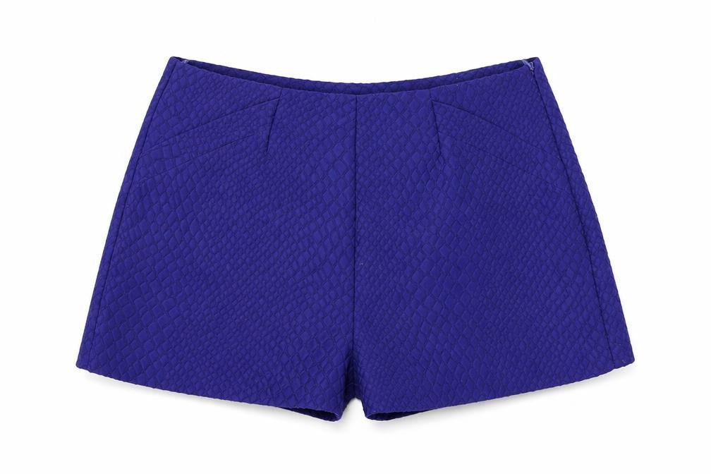 Front view of Miss Selfridge women’s blue polyester boyfriend shorts, size UK 8, regular zip