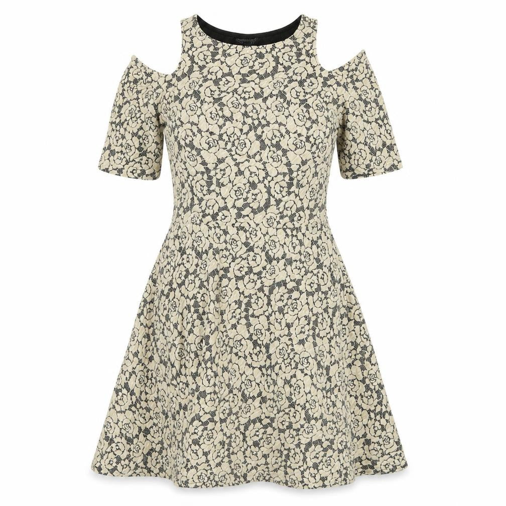 Topshop Womens Ivory Floral Cotton Fit & Flare  Size 12  Crew Neck Pullover - Cold Shoulder