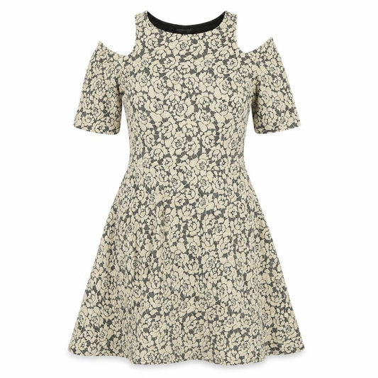 Front view of Topshop women’s ivory floral cotton fit & flare, size UK 12, crew neck pullover - cold shoulder