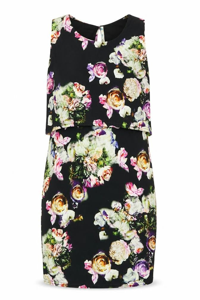 Front view of Blue Vanilla women’s multicoloured floral polyester a-line, size XS, crew neck pullover