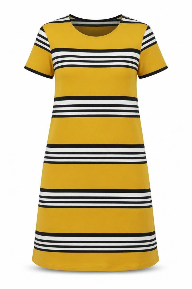 Front view of Stradivarius women’s yellow striped polyester a-line, size M, crew neck pullover