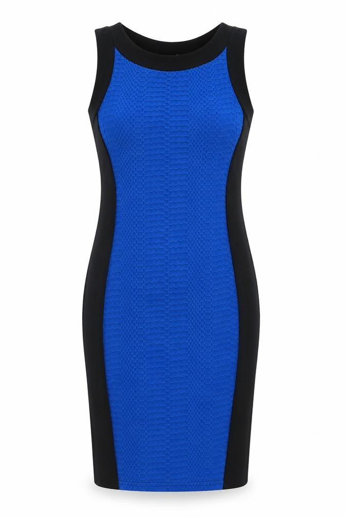 Front view of Internacionale women’s blue polyester bodycon, size UK 10, crew neck pullover