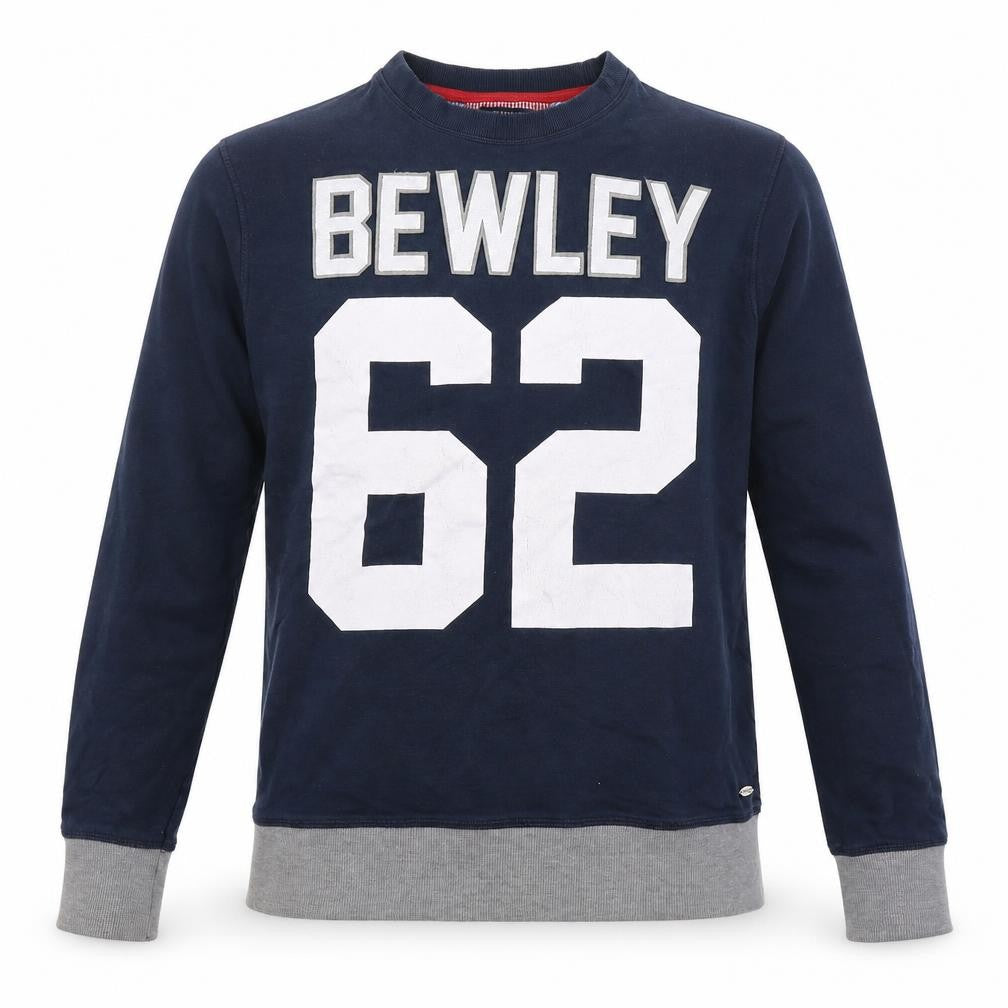 Front view of Bewley & Ritch men’s blue round neck cotton jumper, size XL