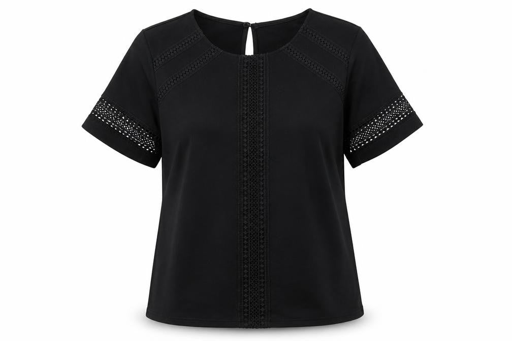 Front view of H&M women’s black polyester basic t-shirt, size S, round neck
