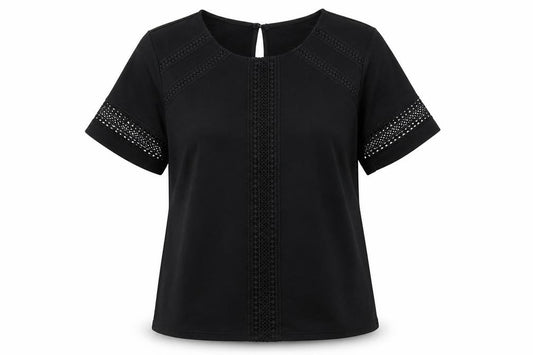 Front view of H&M women’s black polyester basic t-shirt, size S, round neck