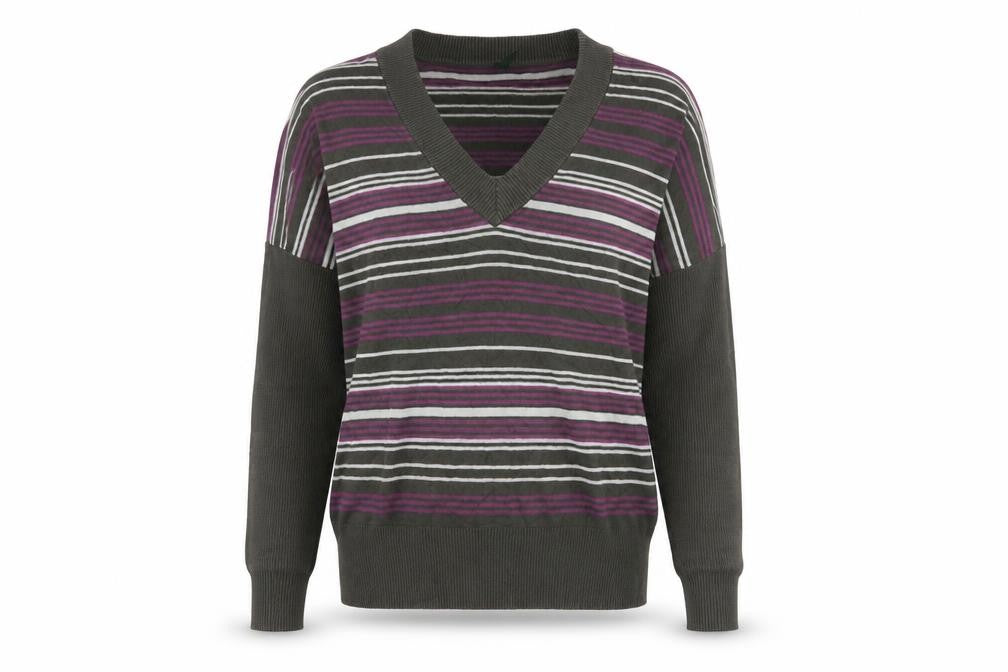 Front view of Greenfield women’s multicoloured v-neck striped cotton jumper, size M