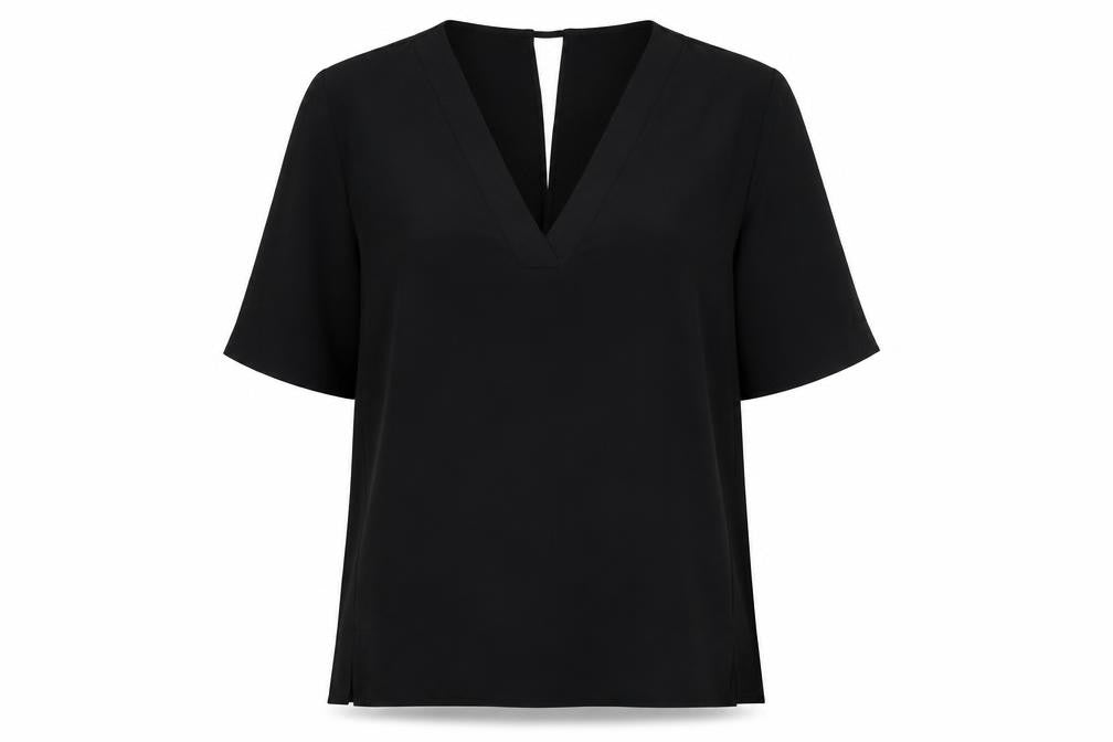 Front view of River Island women’s black polyester basic blouse, size UK 10, v-neck